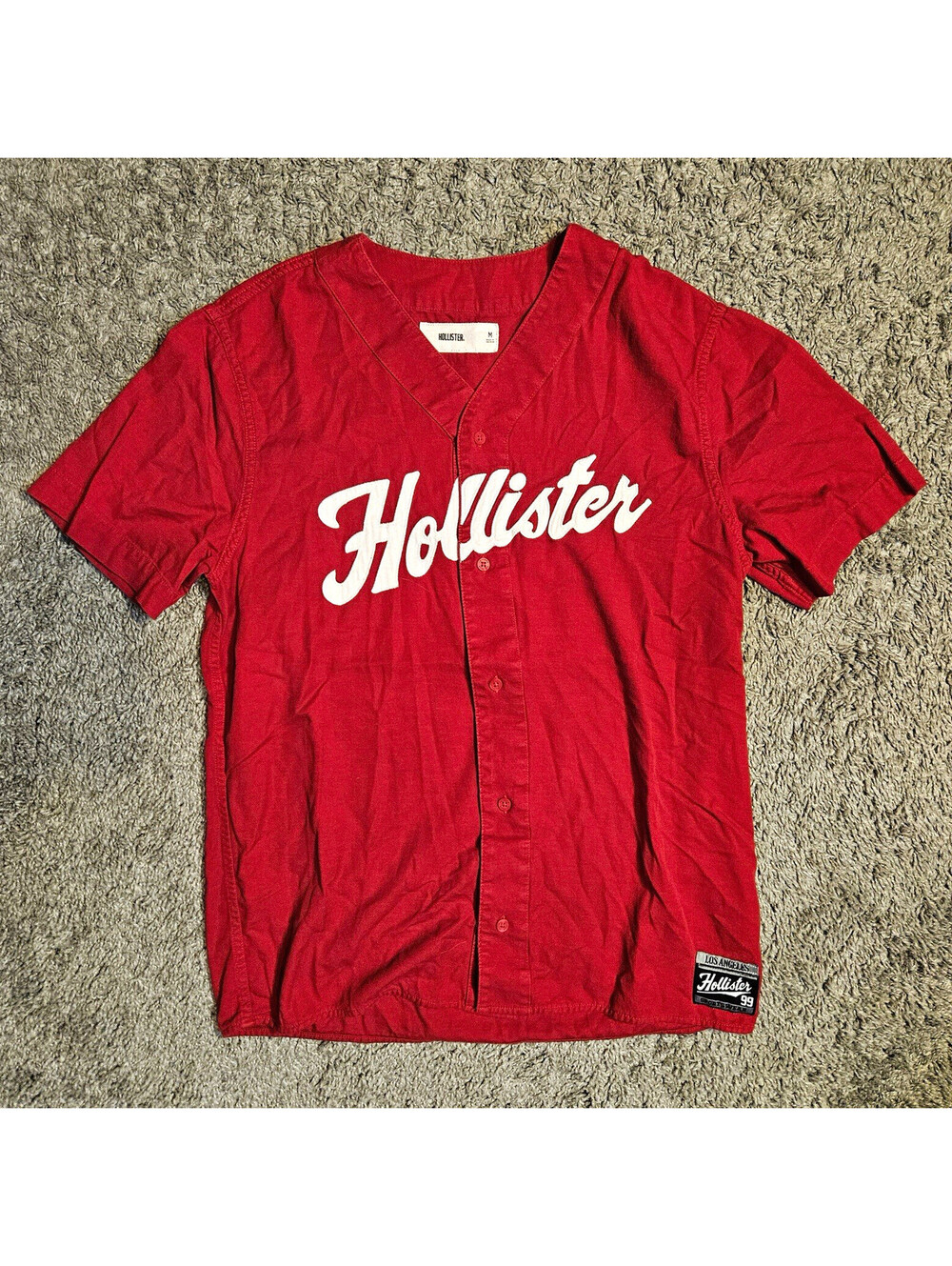 Hollister Men’s Red Cotton Woven Short Sleeve Button-Up Shirt Embroidered Logo M